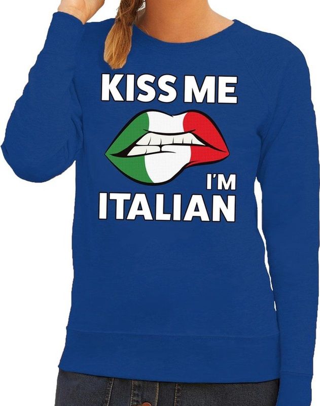 Kiss me I am Italian sweater blauw dames - feest trui dames - Italie kleding