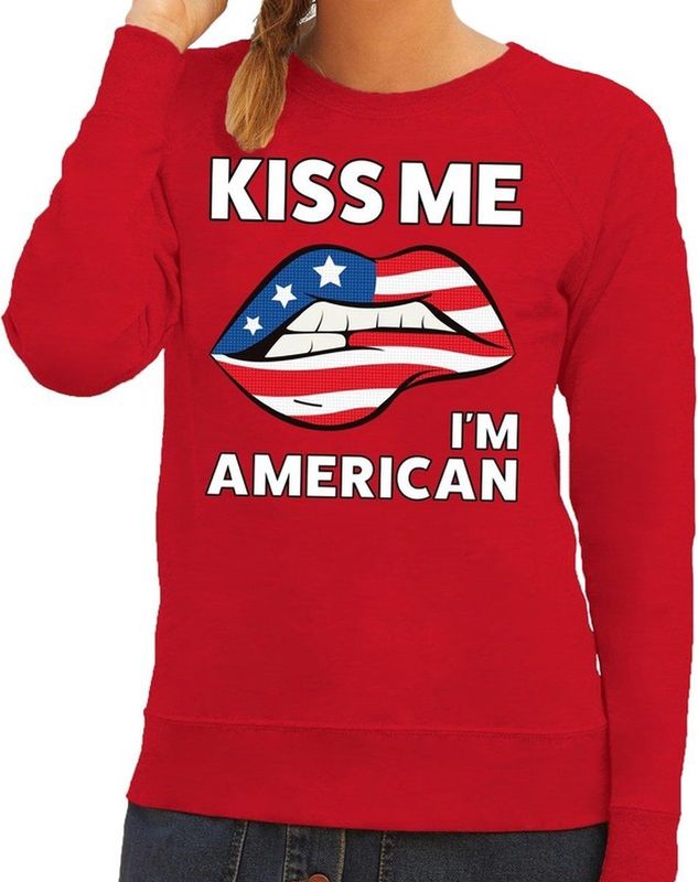 Kiss me I am American sweater rood dames - feest trui dames - USA kleding