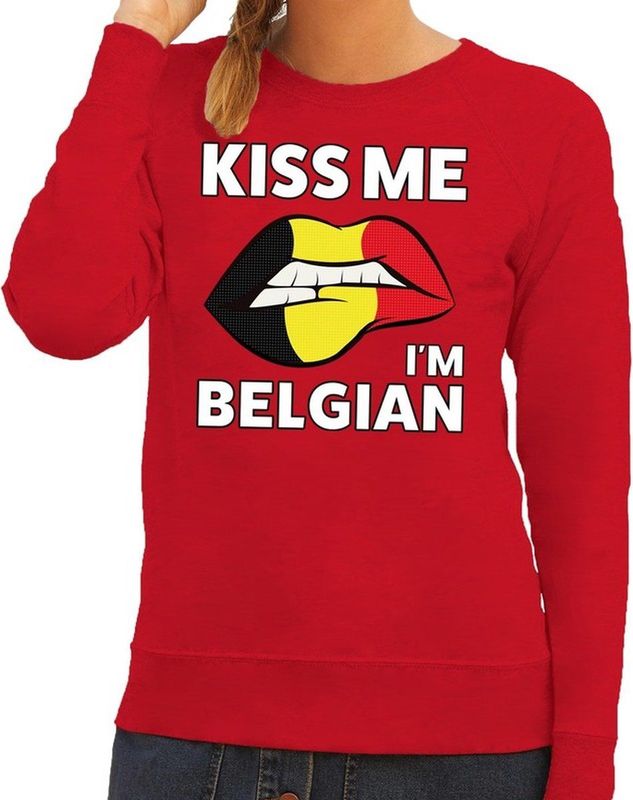 Kiss me I am Belgian sweater rood dames - feest trui dames - Belgie kleding