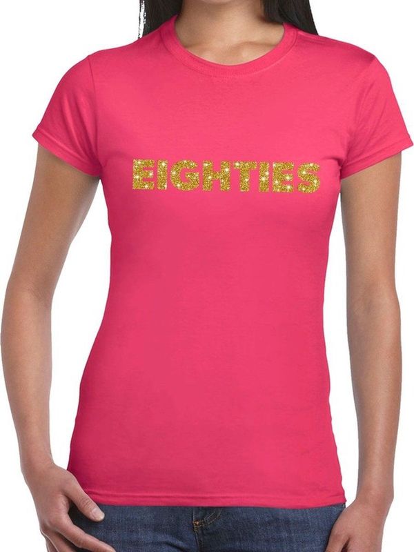 Eighties goud glitter t-shirt roze dames - Jaren 80 Eighties kleding