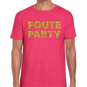 Foute Party gouden glitter tekst t-shirt roze heren - Foute party kleding