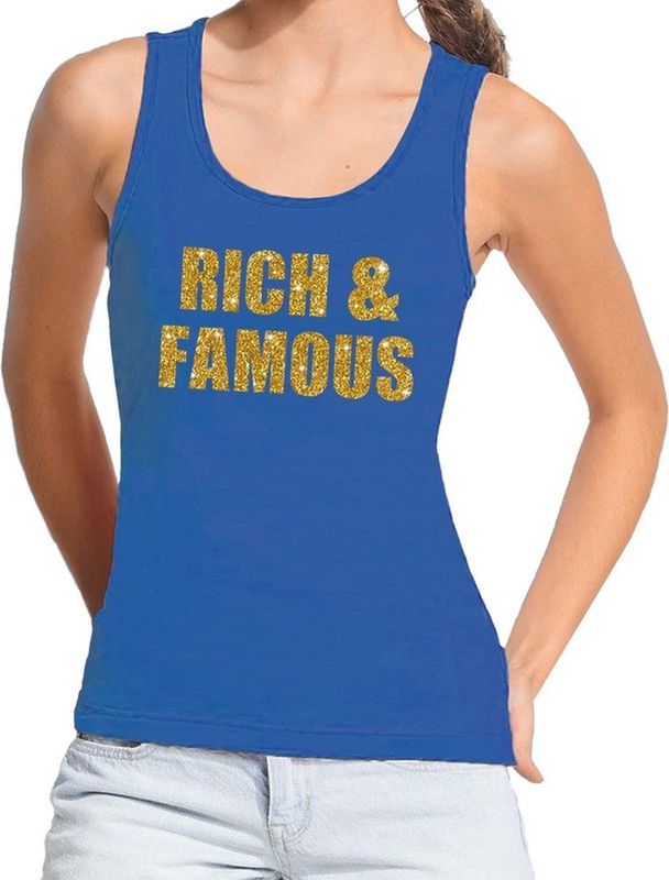 Bellatio Decorations - Tanktop - Blauw - Gouden Glitter Tekst - Dames