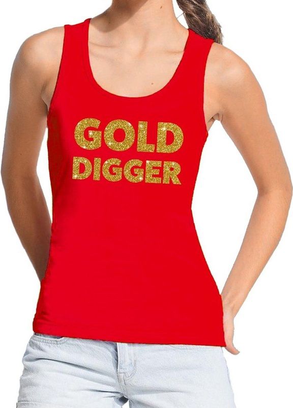 Gold Digger - Glitter Tekst Tanktop - Rood - Mouwloos - Dames Singlet