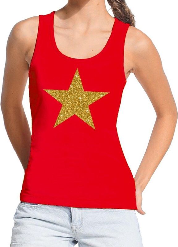 Bellatio Decorations - Tanktop - Rood - Gouden Ster Glitter