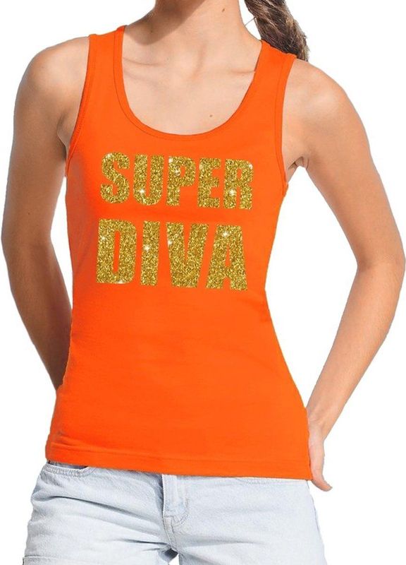 Super Diva glitter tekst tanktop / mouwloos shirt oranje dames - dames singlet Super Diva S
