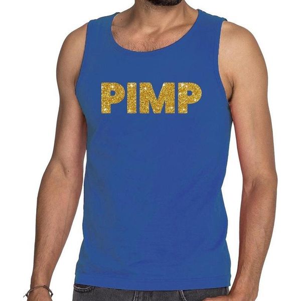 Pimp glitter tekst tanktop / mouwloos shirt blauw heren - heren singlet Pimp M