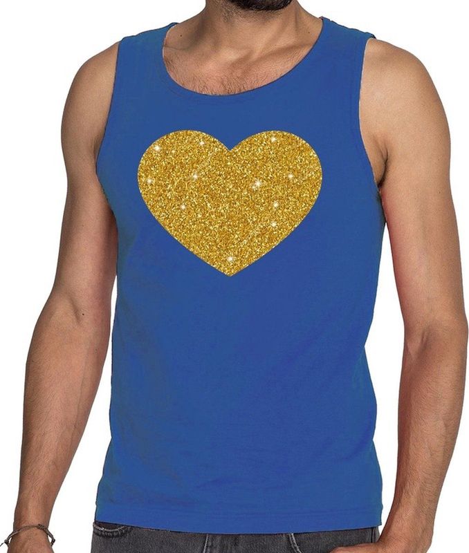 Bellatio Decorations - Gouden Hart Glitter Tanktop - Blauw - Katoen