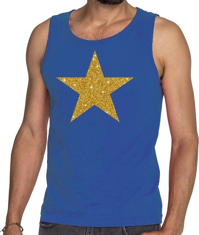 Bellatio Decorations - Gouden Ster Glitter - Tanktop - Blauw - Heren Singlet