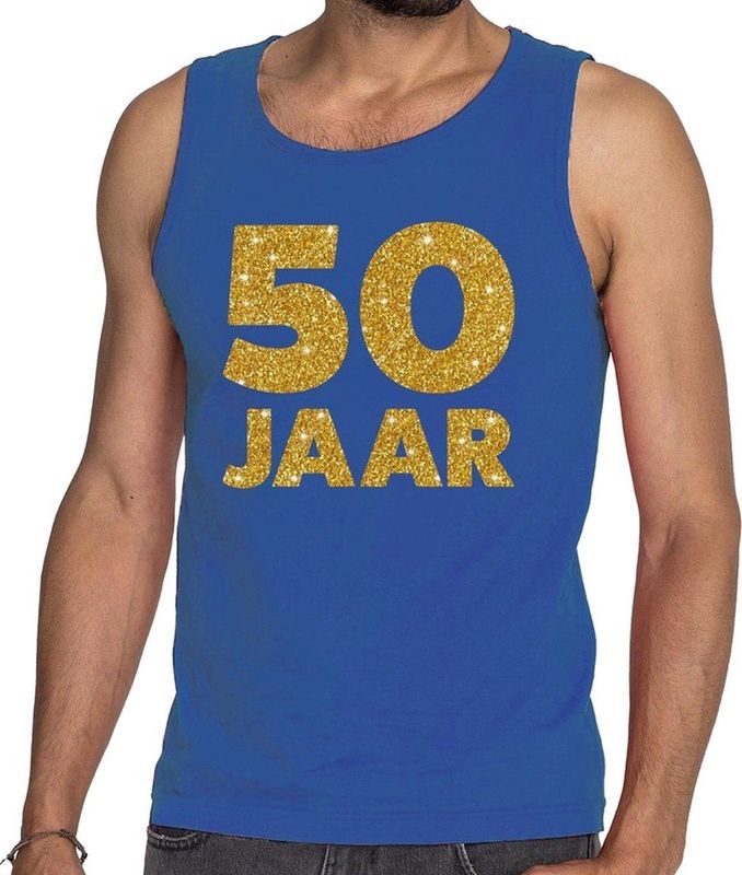 Bellatio Decorations - Tanktop - Blauw - 100% Katoen - 50 Jaar Glitter
