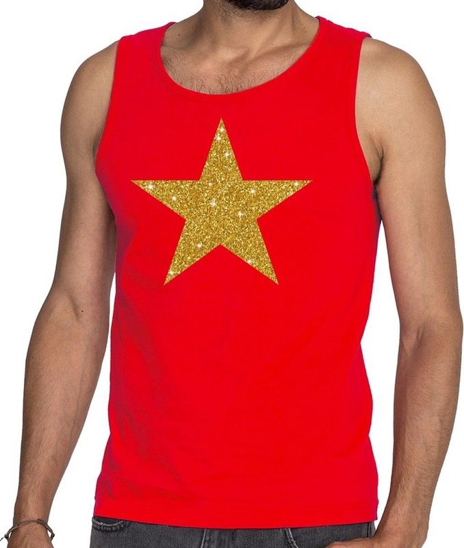 Bellatio Decorations - Gouden Ster Glitter - Tanktop - Rood - Heren