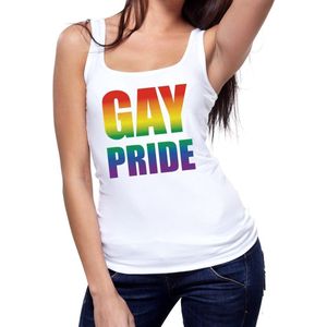 Bellatio Decorations - Gay Pride Tanktop - Wit - Mouwloos Shirt - Regenboog Tekst