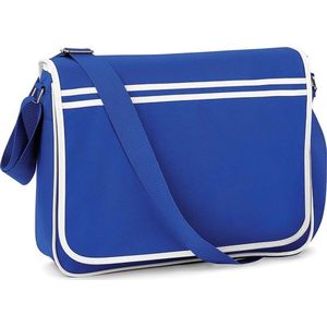 Retro schooltas/laptoptas met verstelbare schouderband blauw/wit