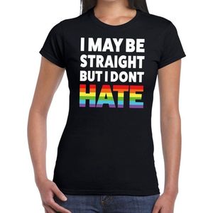 I may be straight but i dont hate -  gay pride t-shirt zwart met regenboog tekst voor dames - lgbt kleding