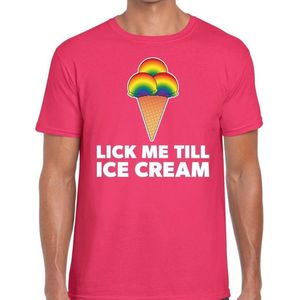 Lick Me Till Ice Scream Gay Pride T-shirt - Roze Shirt met Tekst en Regenboog Ijsbolletjes Voor Heren - Gay Pride M