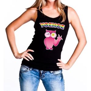 Yoehoe roze knipogende uil gaypride tanktop/mouwloos shirt - zwart singlet regenboog voor dames - Gay pride L