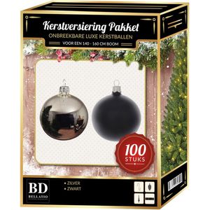 Luxe complete versiering set zilver met zwart voor 150 cm Kerstboom - Kerstbal