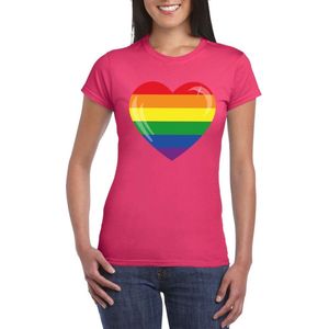 Gay pride t-shirt met Regenboog vlag in hart roze dames