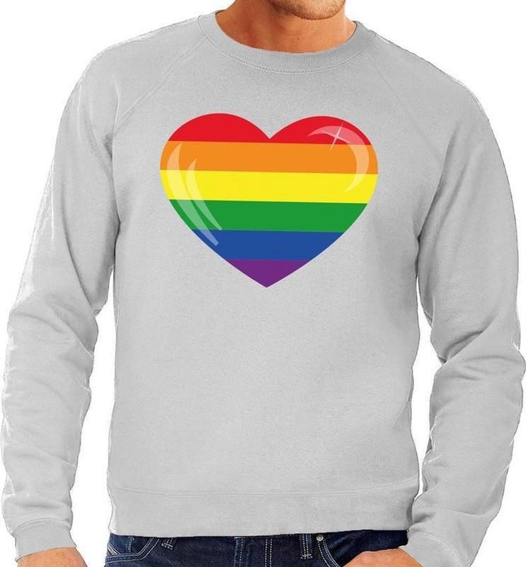 Gay pride regenboog hart sweater grijs - homo sweater voor heren - gay pride