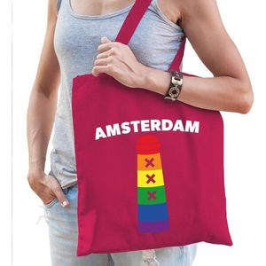Gay pride Amsterdamse paal regenboog katoenen tas fuchsia roze - lhbt accessoire