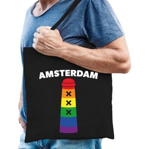 Gaypride Amsterdammertje regenboog katoenen tas zwart - lhbt accessoire