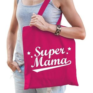 Cadeau tas Super mama fuchsia roze katoen -  kado tasje voor moeders