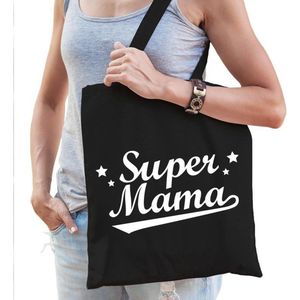 Cadeau tas zwart katoen met de tekst Super mama - kado tasje voor moeders