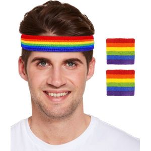 Regenboog gay pride kleuren hoofd en pols zweetbandjes set 3 stuks - Regenboogvlag LHBT accessoires