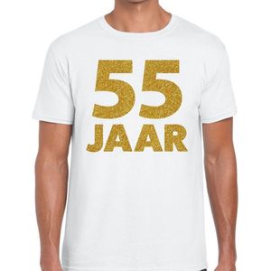 Wit vijfenvijftig jaar verjaardag shirt voor heren met gouden bedrukking - Feestshirts