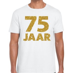 Wit vijfenzeventig jaar verjaardag shirt voor heren met gouden bedrukking - Feestshirts