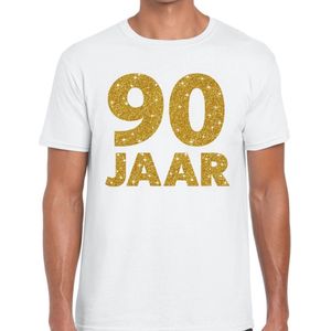 Bellatio Decorations - T-shirt - Wit - 90 Jaar Goud Glitter - Heren