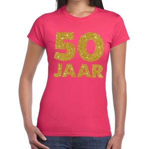 50e verjaardag cadeau t-shirt roze met goud voor dames