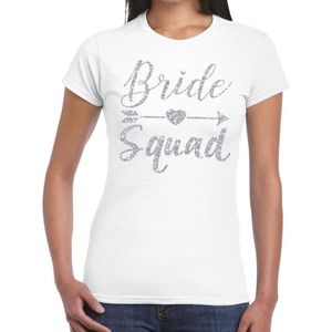 Vrijgezellenfeest Bride Squad zilveren letters t-shirt wit voor dames