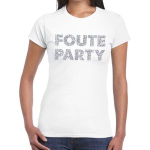 Foute Party zilveren glitter tekst t-shirt wit dames - foute party kleding