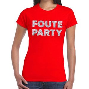 Foute Party zilveren glitter tekst t-shirt rood dames - Feestshirts