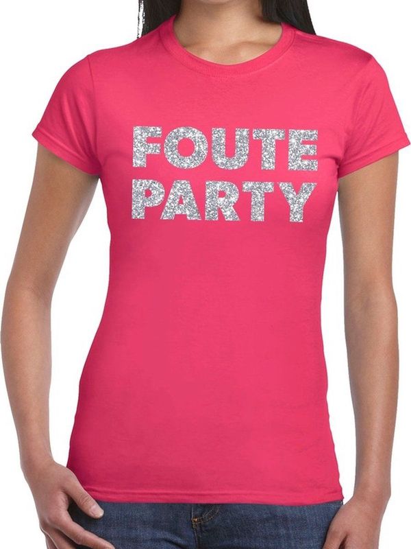 Foute Party zilveren glitter tekst t-shirt roze dames - foute party kleding