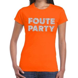 Foute Party zilveren glitter tekst t-shirt oranje dames - foute party kleding