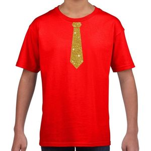 Rood fun t-shirt met stropdas in glitter goud kinderen - feest shirt voor kids 134 140