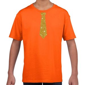 Oranje fun t-shirt met stropdas in glitter goud kinderen - feest shirt voor kids 122 128