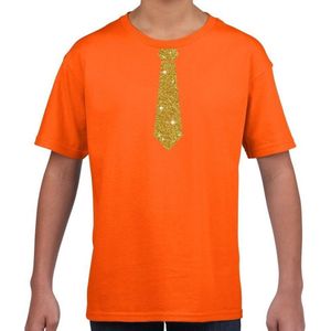 Stropdas goud glitter t-shirt oranje voor kinderen - Feestshirts