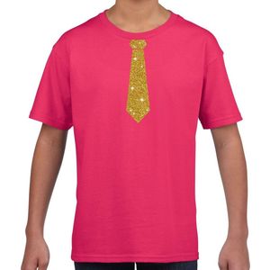 Roze fun t-shirt met stropdas in glitter goud kinderen - feest shirt voor kids 110 116