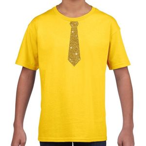 Geel fun t-shirt met stropdas in glitter goud kinderen - feest shirt voor kids 134 140