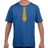 Blauw fun t-shirt met stropdas in glitter goud kinderen - feest shirt voor kids 110 116