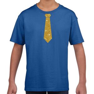 Blauw fun t-shirt met stropdas in glitter goud kinderen - feest shirt voor kids 146 152