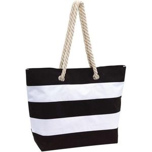 Strandtas gestreept zwart/wit 47 cm - Strandartikelen beach bags/shoppers met klittenbandsluiting