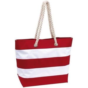 Strandtas gestreept rood/wit 47 cm - Strandartikelen beach bags/shoppers met klittenbandsluiting