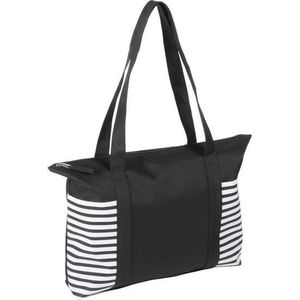 Strandtas Zwart/Wit met Streepmotief 44 cm - Strandartikelen Beach Bags/Shoppers met Ritssluiting