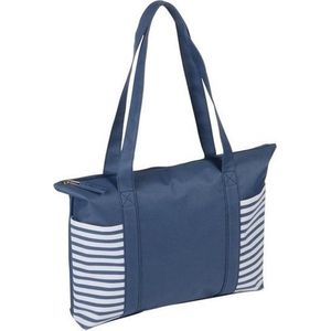 Strandtas blauw/wit met streepmotief 44 cm - Strandartikelen beach bags/shoppers met ritssluiting
