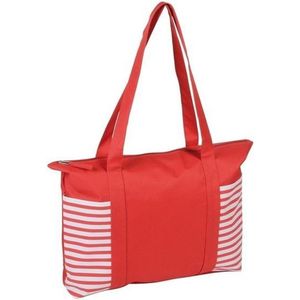 Strandtas rood/wit met streepmotief 44 cm - Strandartikelen beach bags/shoppers met ritssluiting