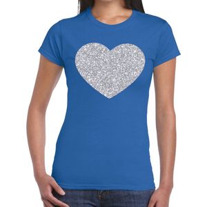 Zilveren hart glitter t-shirt blauw dames - dames shirt hart van zilver