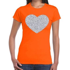 Zilveren hart glitter t-shirt oranje dames - dames shirt hart van zilver